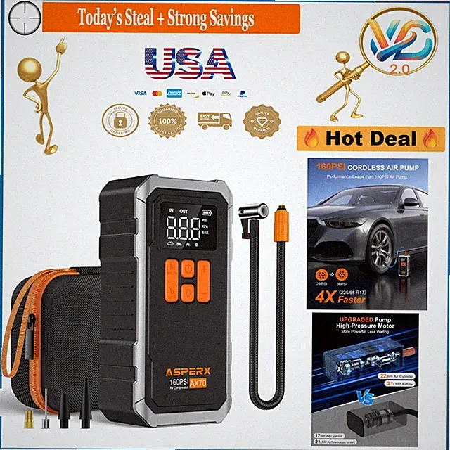 160 PSI Cordless Tire Inflator & Air Compressor with 10000mAh Battery Digital...